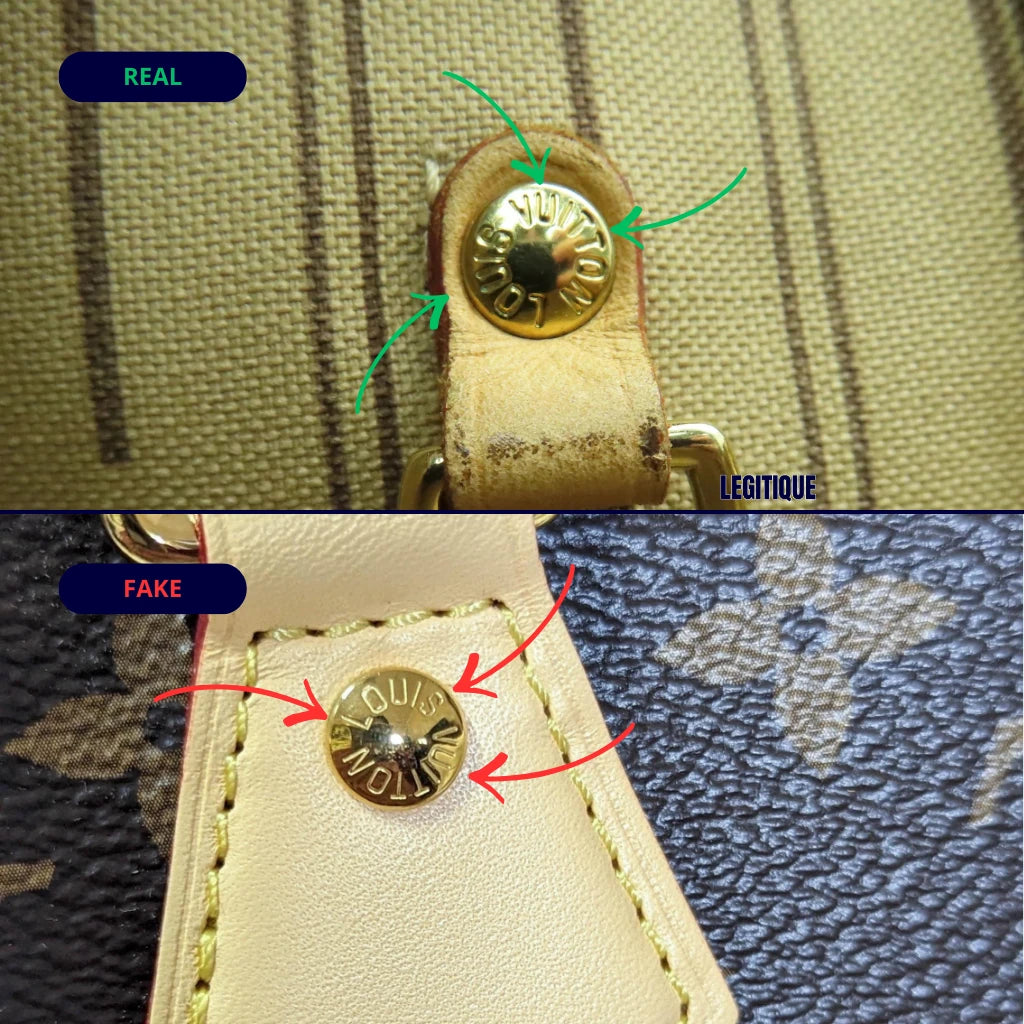 Louis Vuitton button and rivet micro-engraving real vs fake