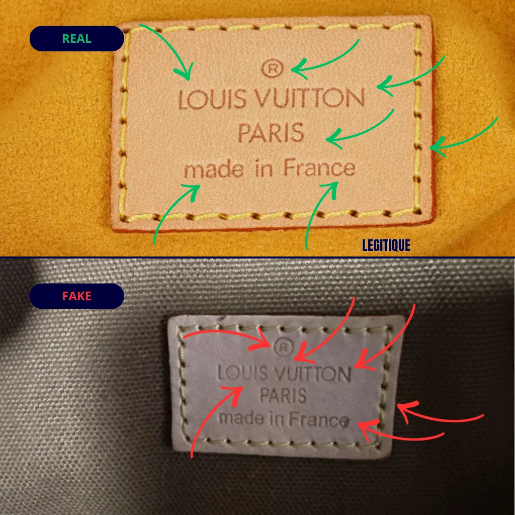 Louis Vuitton interior heat stamp real vs fake comparison