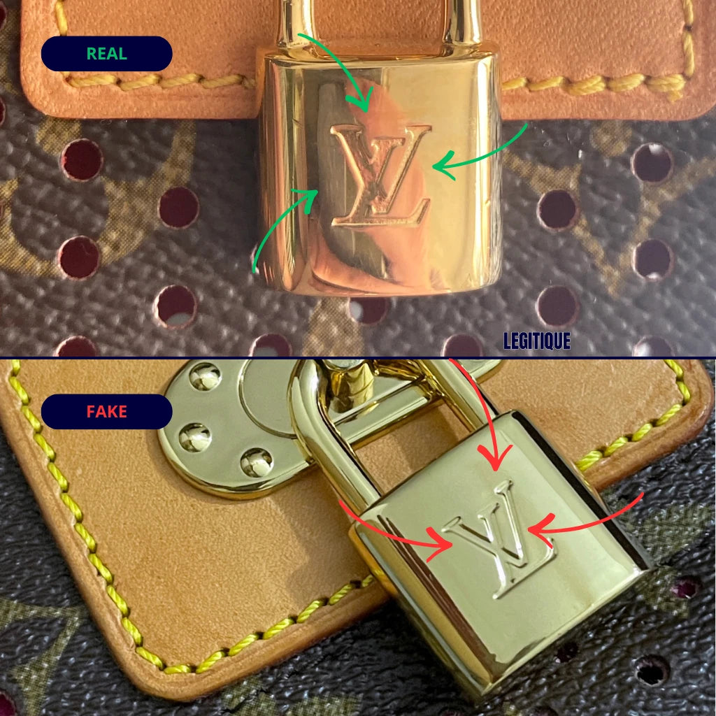 Louis Vuitton padlock engraving light reflection test real vs fake