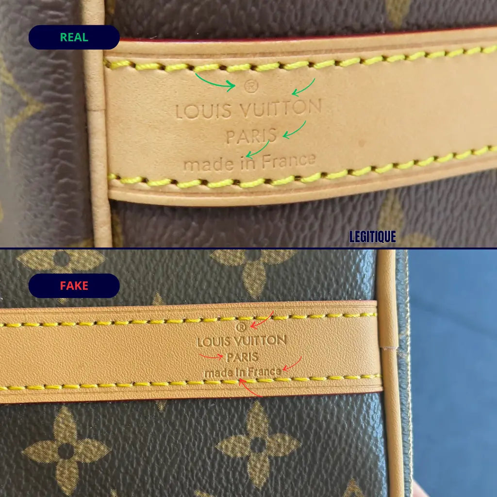 Louis Vuitton side leather tab engraving and trademark symbol