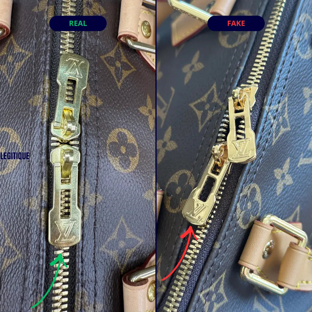 Louis Vuitton zipper pull LV logo real vs fake